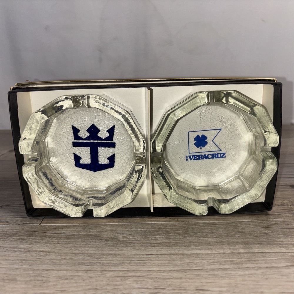 2 x vintage ROYAL CARIBBEAN Cruise Line glass ASHTRAY SS Veracruz RARE
